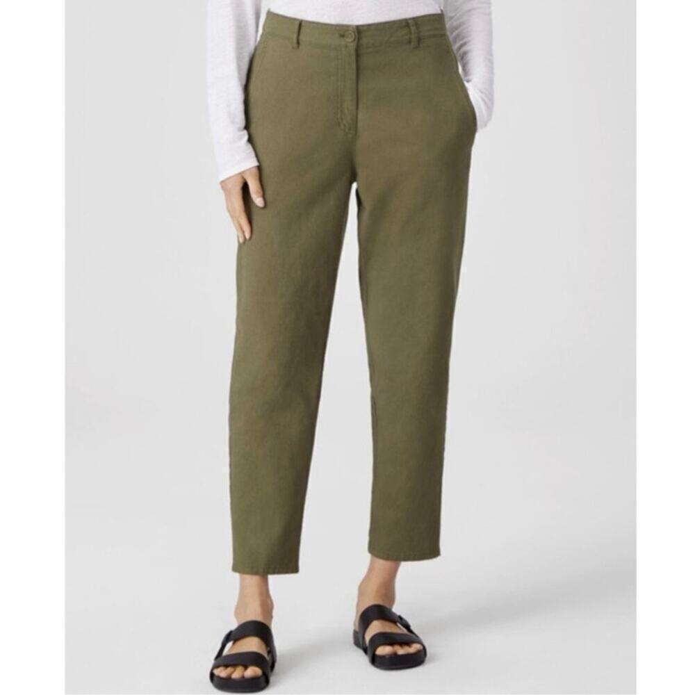 Eileen Fisher Sz 12 Organic Cotton Hemp Blend Olive Green Ankle Pants Relaxed